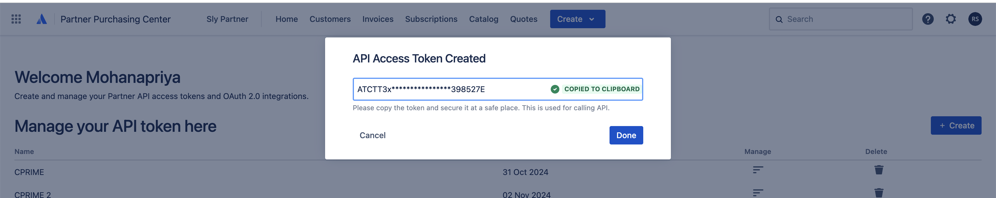 Copy api token