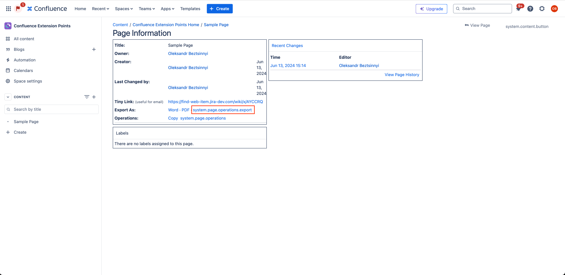 Page Operations Export Web Item