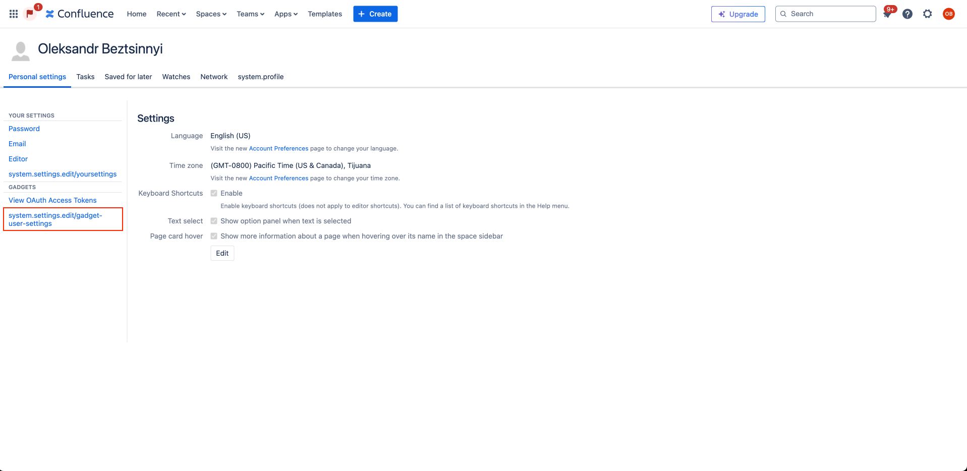 Edit Gadget User Settings Web Item