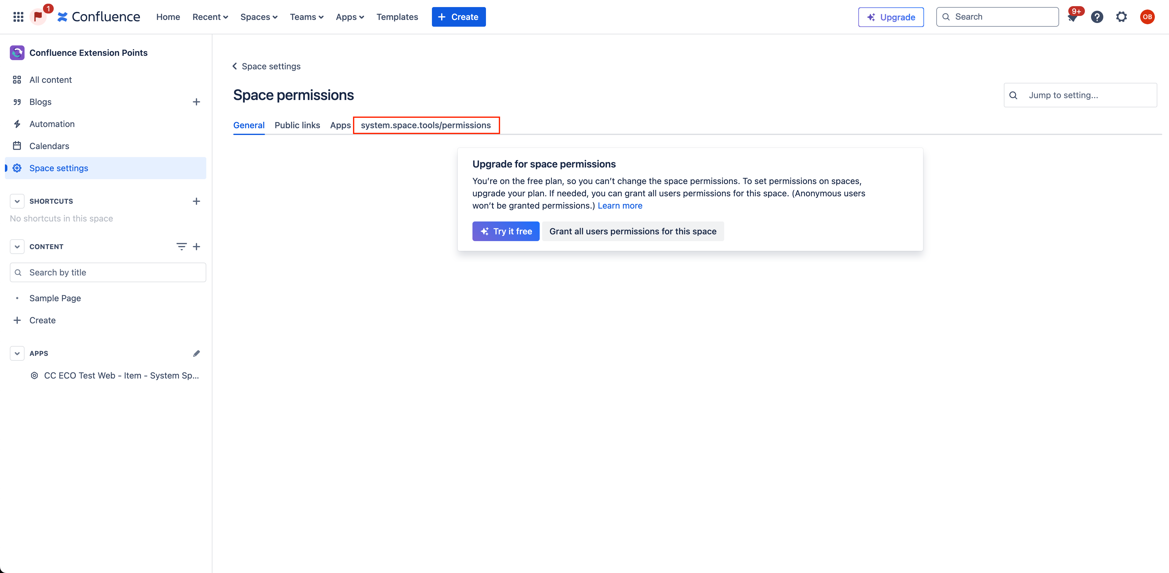 Space Tools Permissions Web Item
