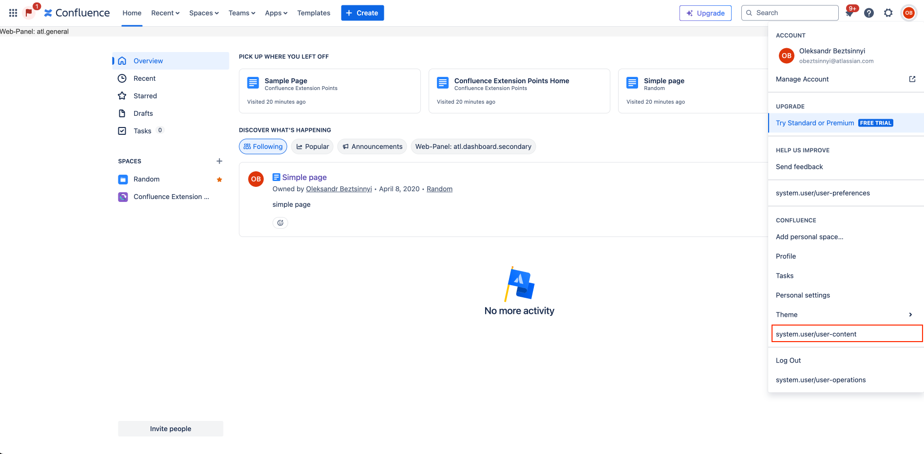 User Content Menu Web Item