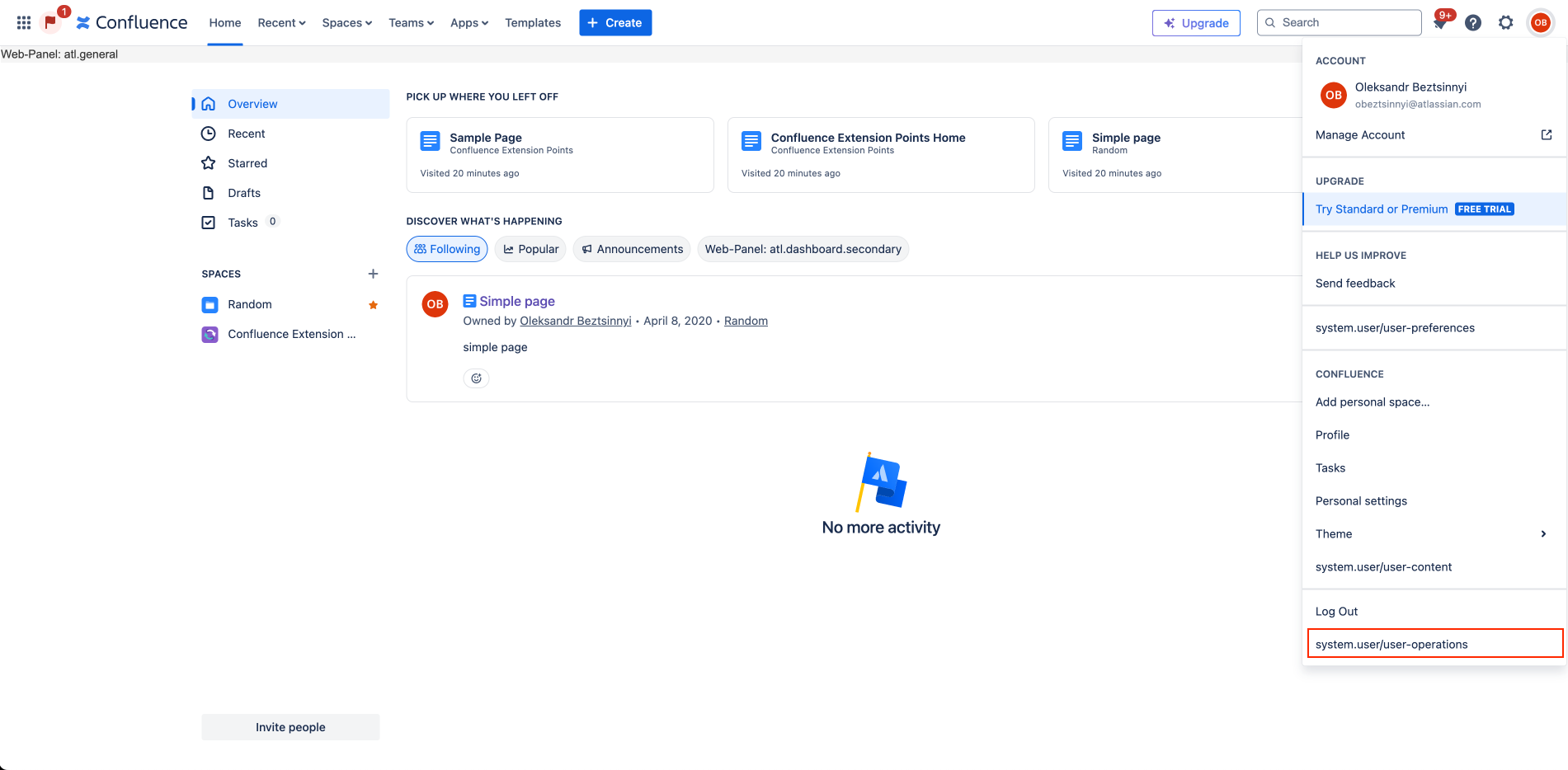 User Operations Menu Web Item