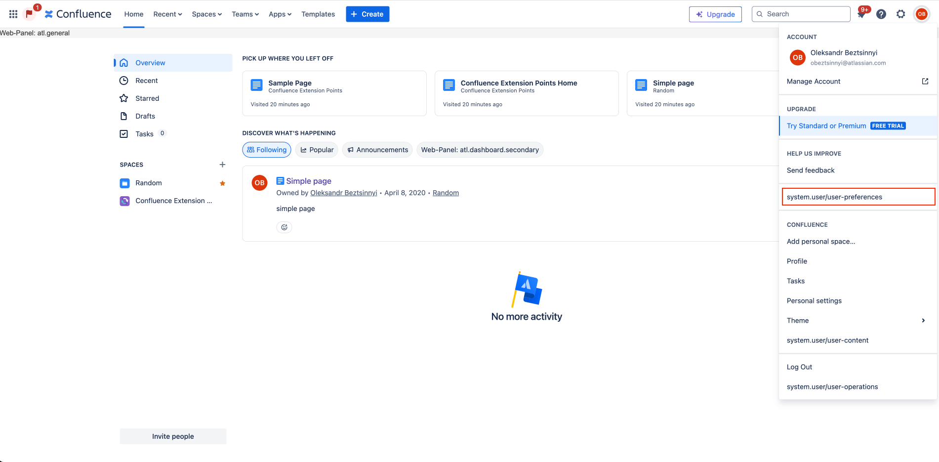 User Preferences Menu Web Item