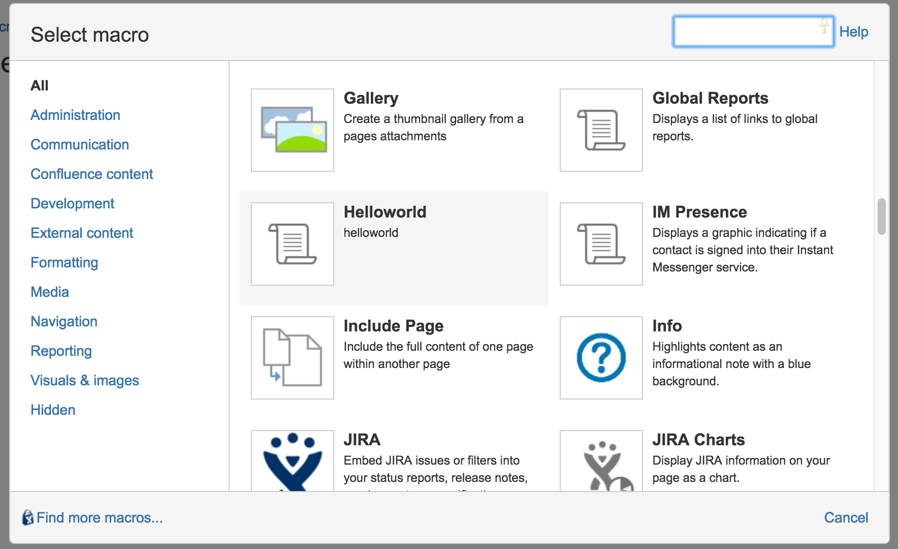 Confluence macro browser showing helloworld macro