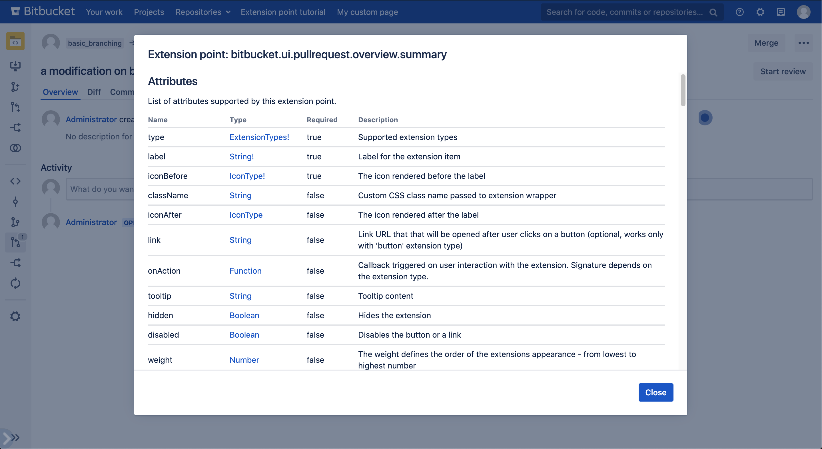 Pull Request screenshot with extension point information dialog